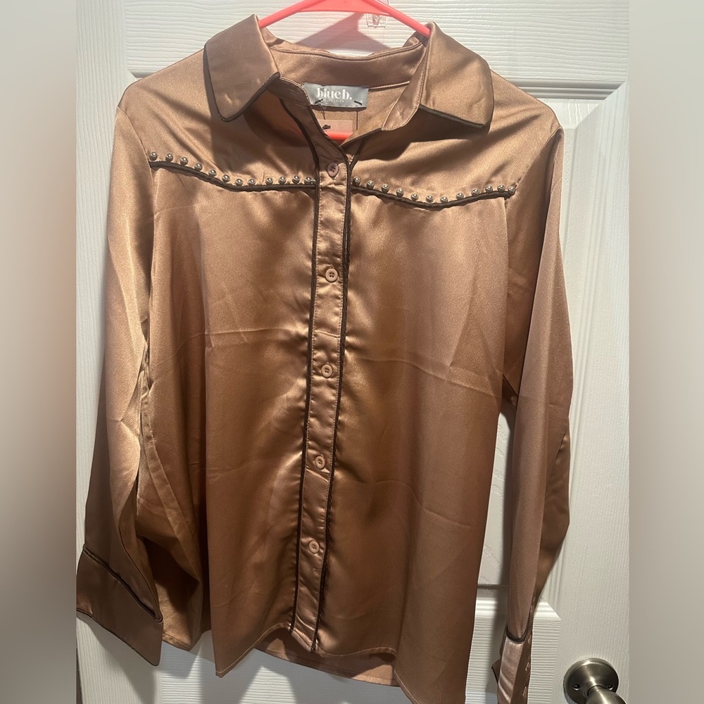 Silky Bronze Long-Sleeve Button-Up Shirt